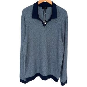NWT Magaschoni Men's Long Sleeve Cotton Wool Navy Blue Knit Polo Sweater Size L